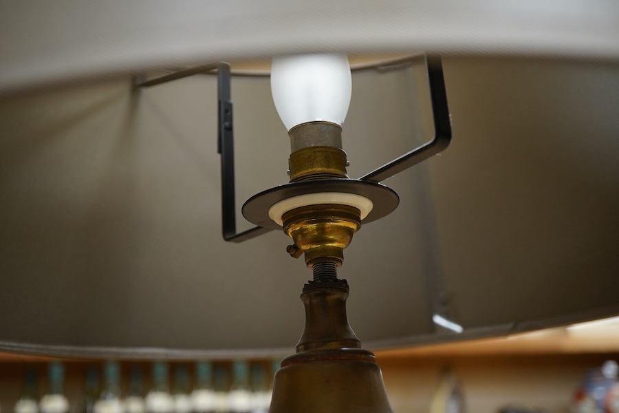 An Etruscan style opaque glass lamp and shade, 75cm high